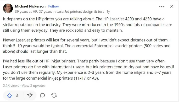  How Long Do Hp Printers Last according to a former HP employee
